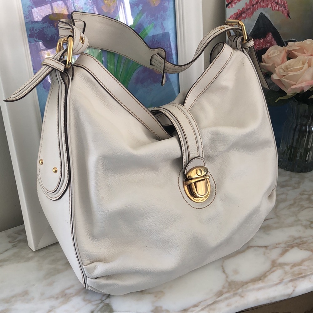 Marc Jacobs Rare Vintage Ivory Off White Pebble Grain Leather Large Shoulder Bag